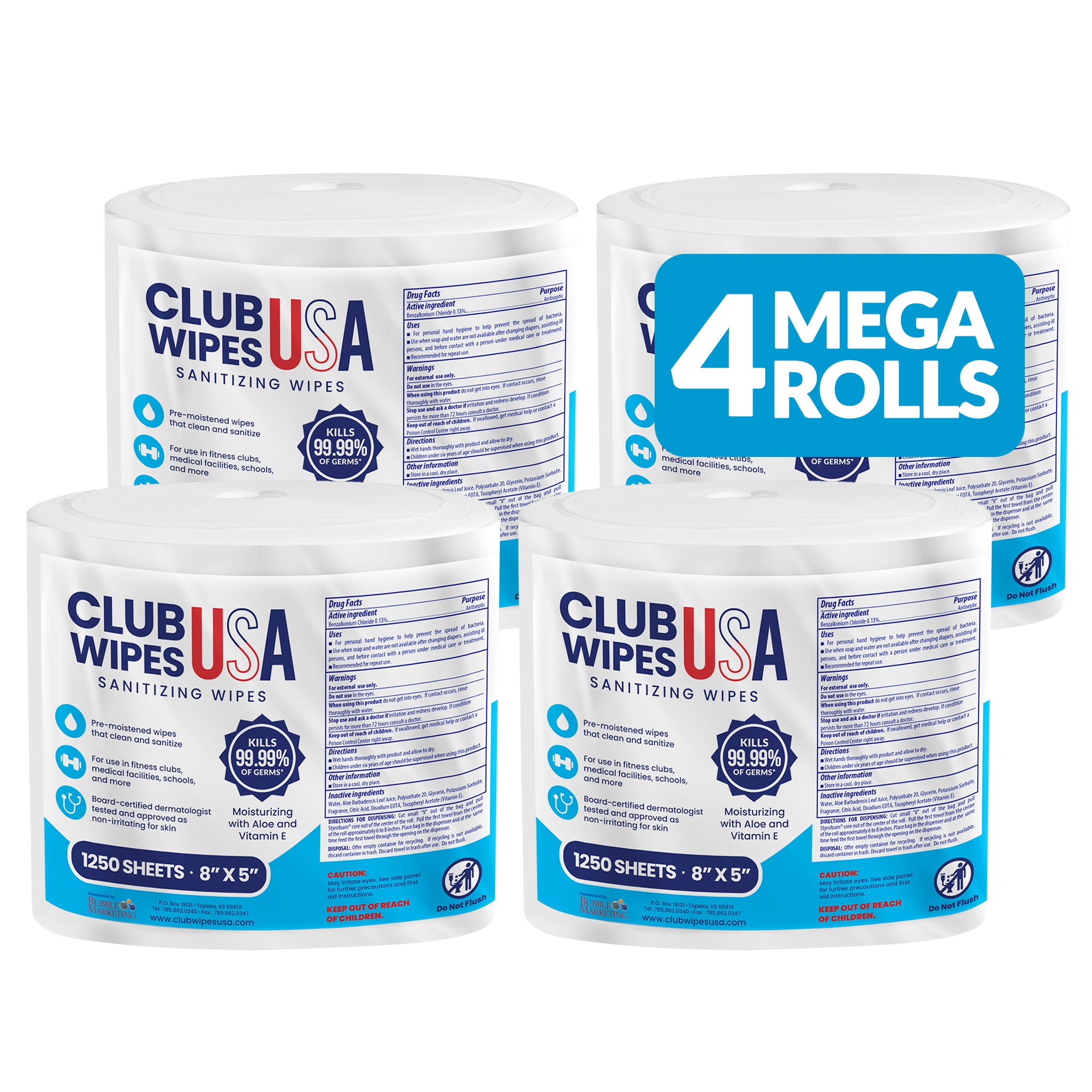 Club Wipes USA Sanitizing Wipes: 5000 Unscented Wipes (8" x 5"): 4 Refill Mega Rolls made in USA